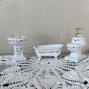 Porcelain Vanity Set with Hand-Painted Pink Rose Trim